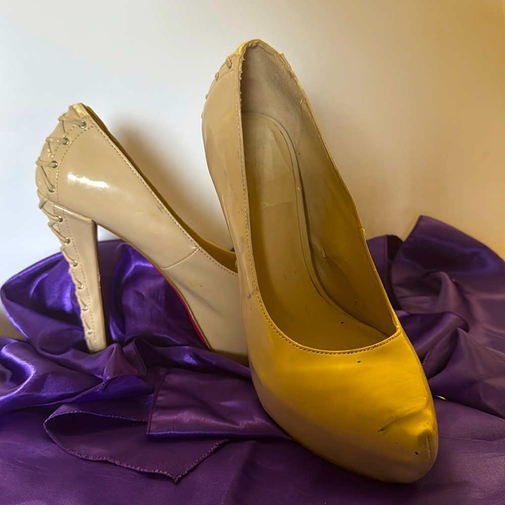 Cream, high heel shoes with pink bottoms